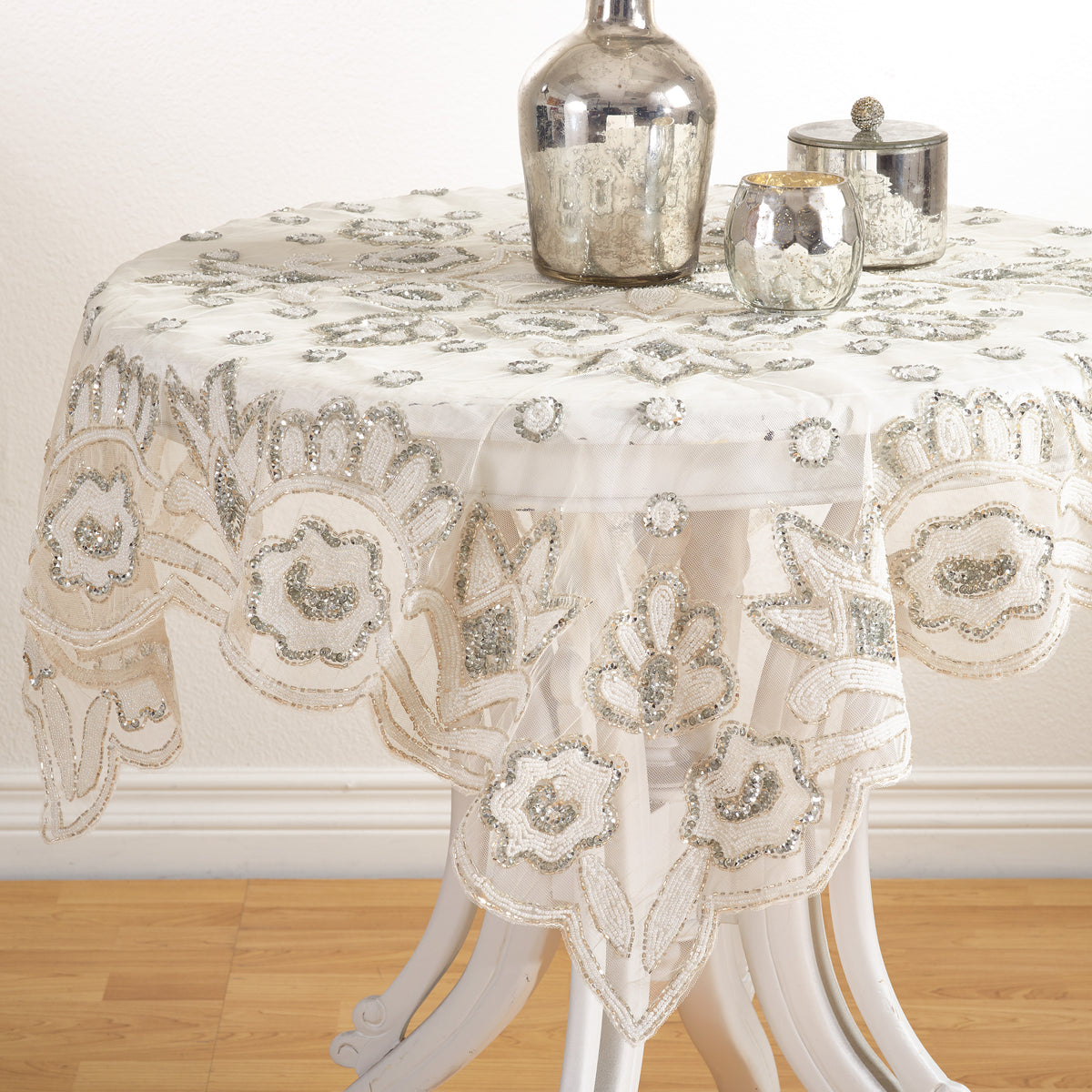 Silver  Hand Beaded Design Topper  100% Polyester