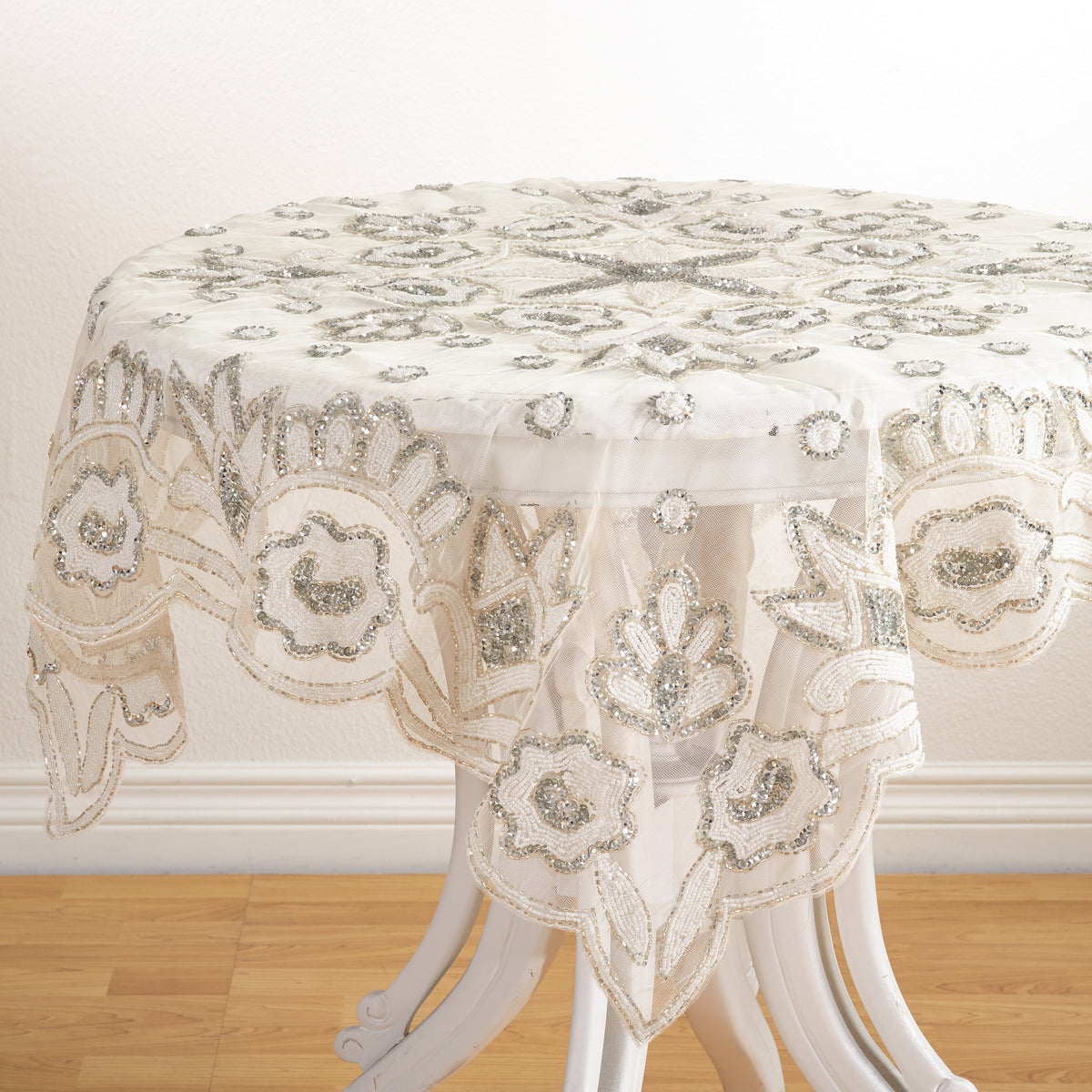 Silver  Hand Beaded Design Topper  100% Polyester