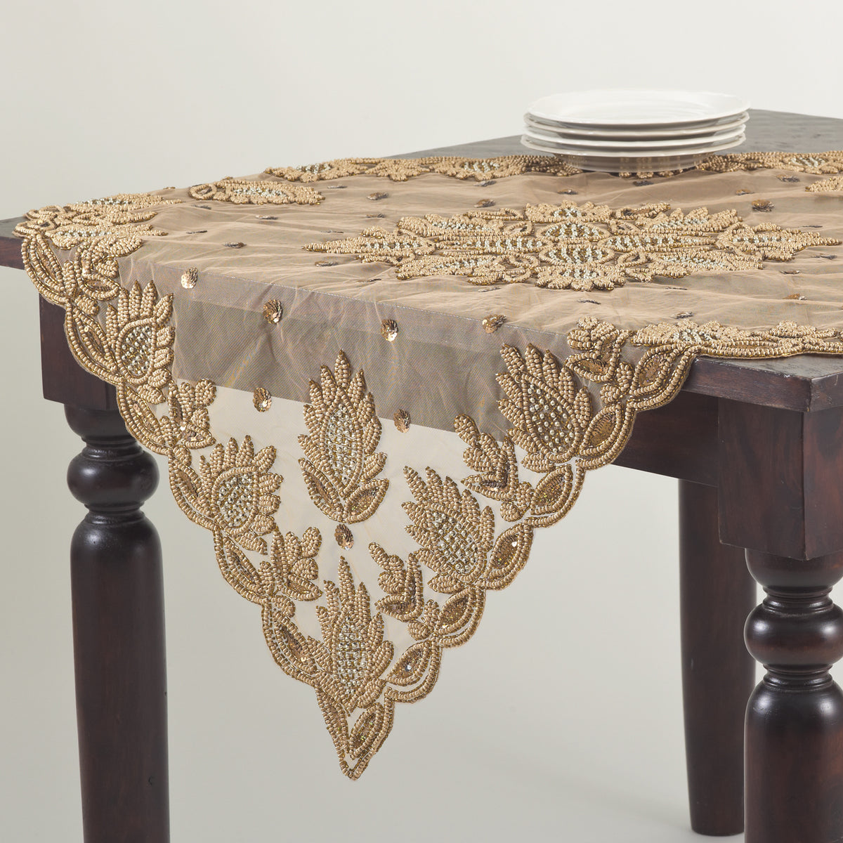 Gold  Hand Beaded Design Topper  100% polyester