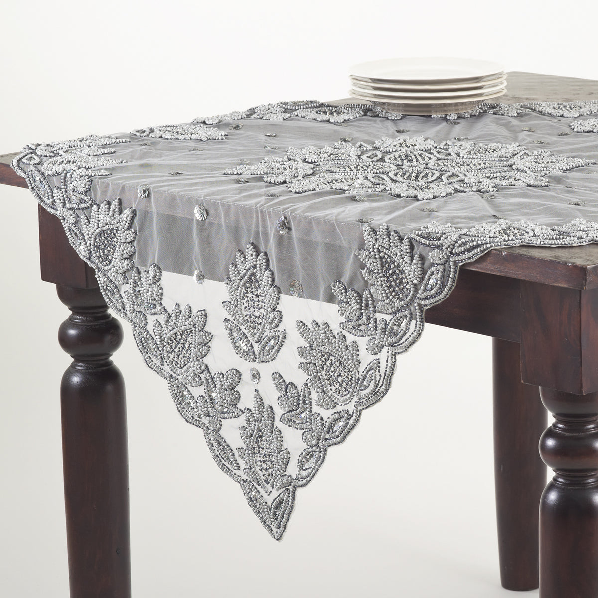 Pewter Grey  Hand Beaded Design Topper  100% polyester