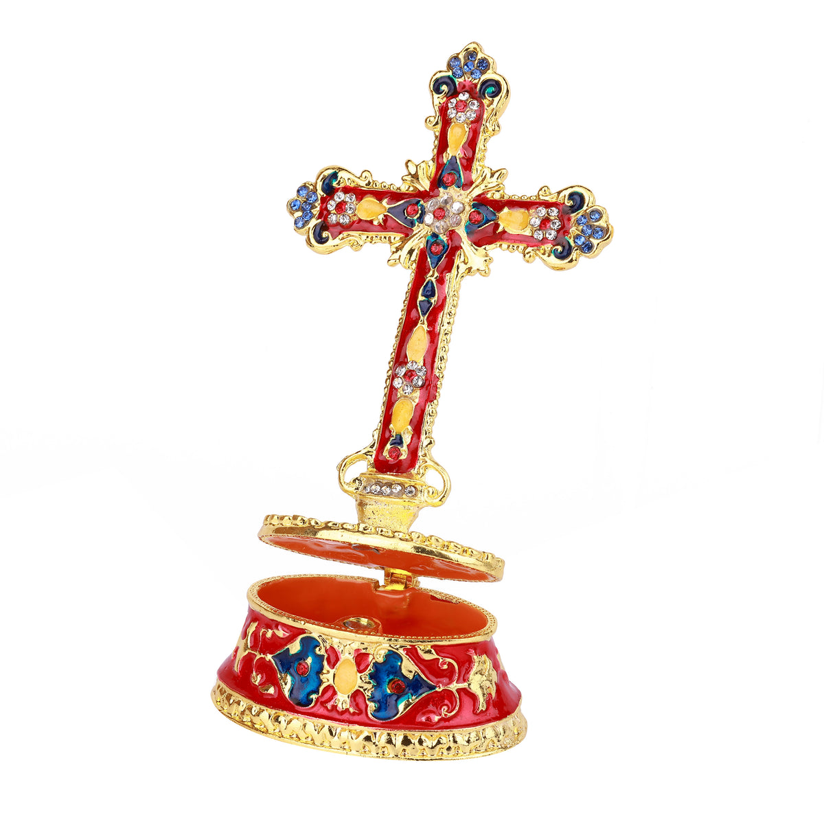Red Religious Cross Hinged Decorative Jeweled and Enameled Trinket Box 6" x 4" x 12"