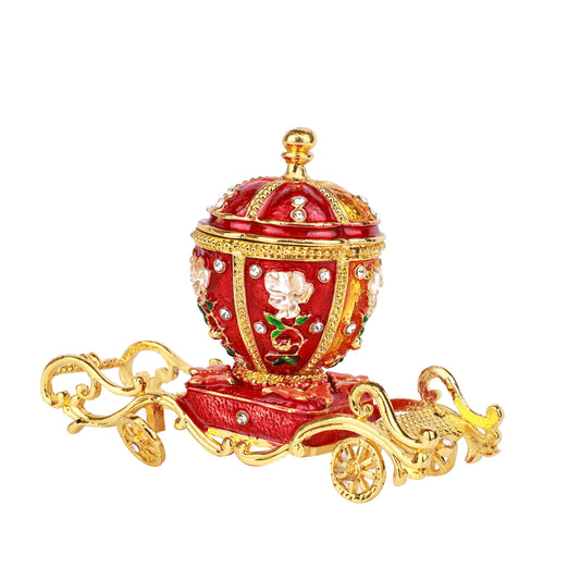 Red/Gold Carriage Hinged Decorative Jeweled and Enameled Trinket Box 11" x 4" x 9"