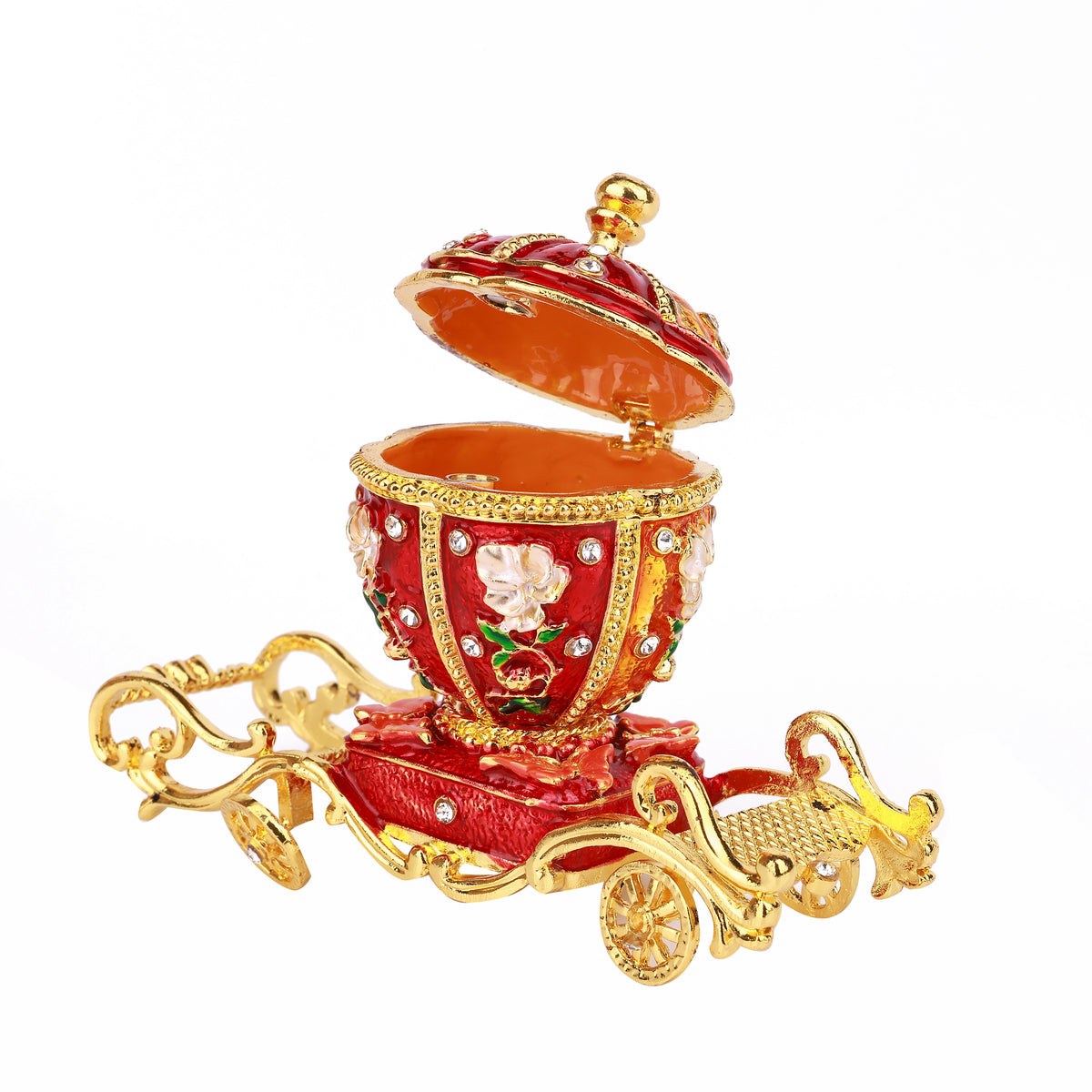 Red/Gold Carriage Hinged Decorative Jeweled and Enameled Trinket Box 11" x 4" x 9"