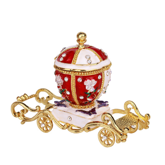Red/White Carriage Hinged Decorative Jeweled and Enameled Trinket Box 11" x 4" x 9"