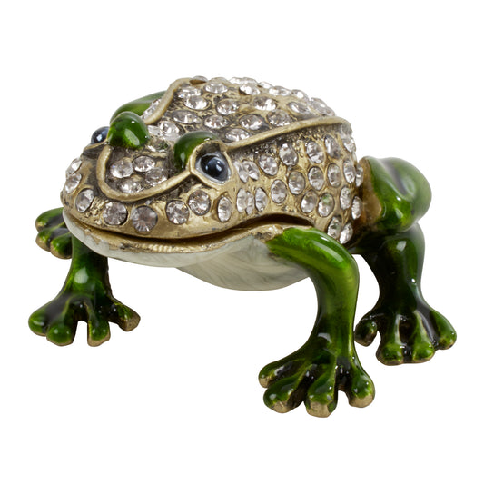 Green Frog Hinged Decorative Jeweled and Enameled Trinket Box 2.4" x 1" x 3"