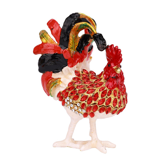 Red Rooster Hinged Decorative Jeweled and Enameled Trinket Box 3.5" x 2.5" x 5"