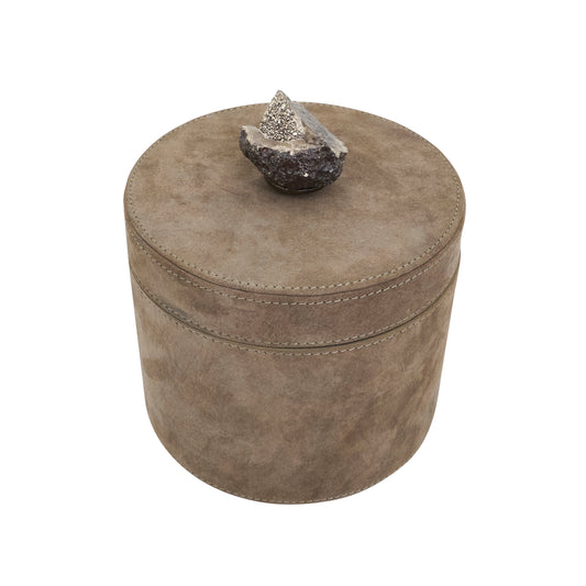 Slate Leather cylindrical Box with Semi Precious Stone Knob 6" x 6" x 5"