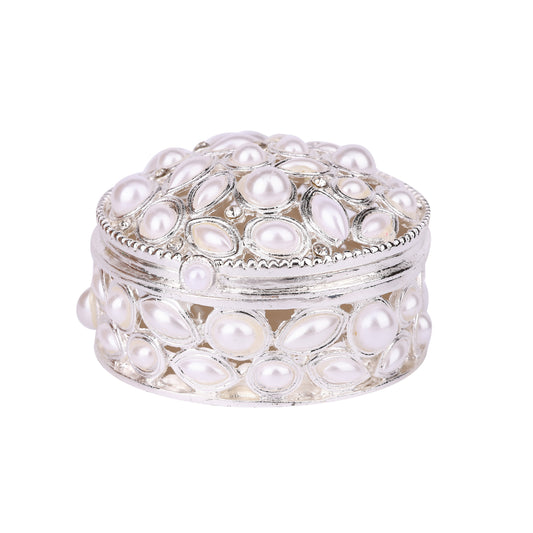 Ivory Color Pearl Hinged Decorative Jeweled Faux Pearl Trinket Box 8" x 8" x 5"