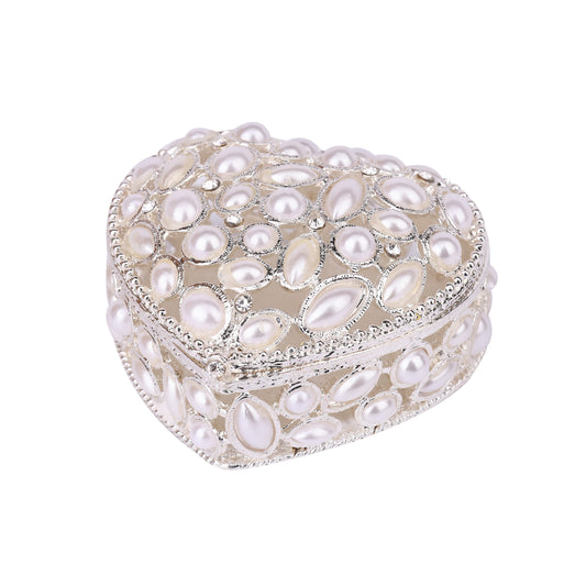 Ivory Color Pearl Heart Hinged Decorative Jeweled Faux Pearl Trinket Box 8" x 8" x 4"