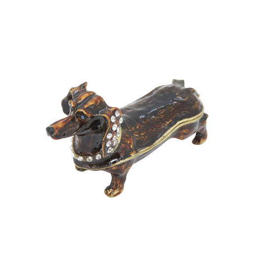 Red Dachshund Hinged Decorative Jeweled and Enameled Trinket Box 3" x 2"