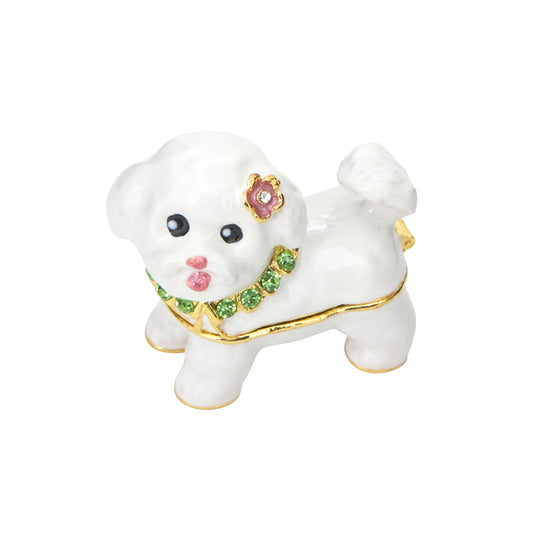White Maltese Hinged Decorative Jeweled and Enameled Trinket Box 2" x 1.6"