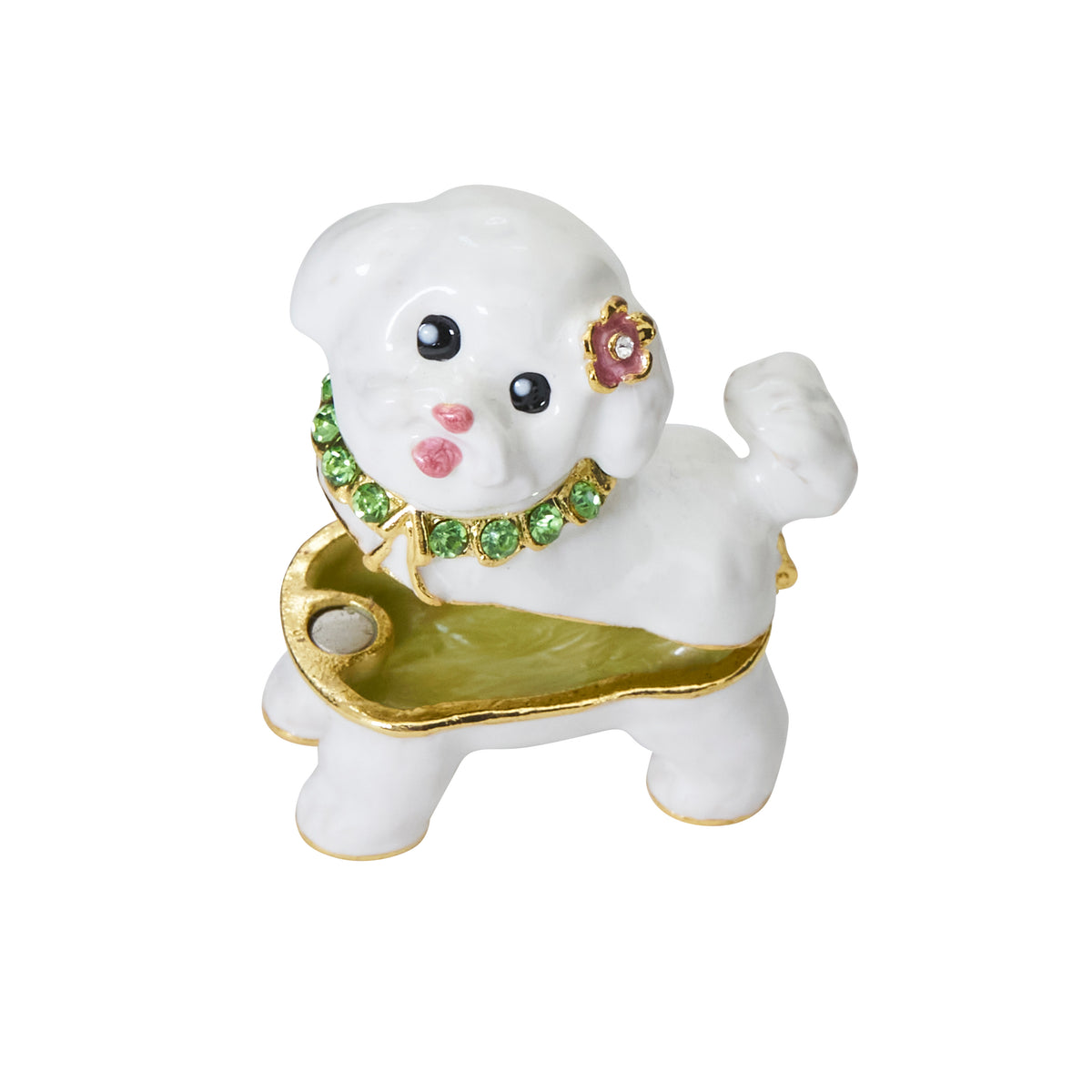 White Maltese Hinged Decorative Jeweled and Enameled Trinket Box 2" x 1.6"