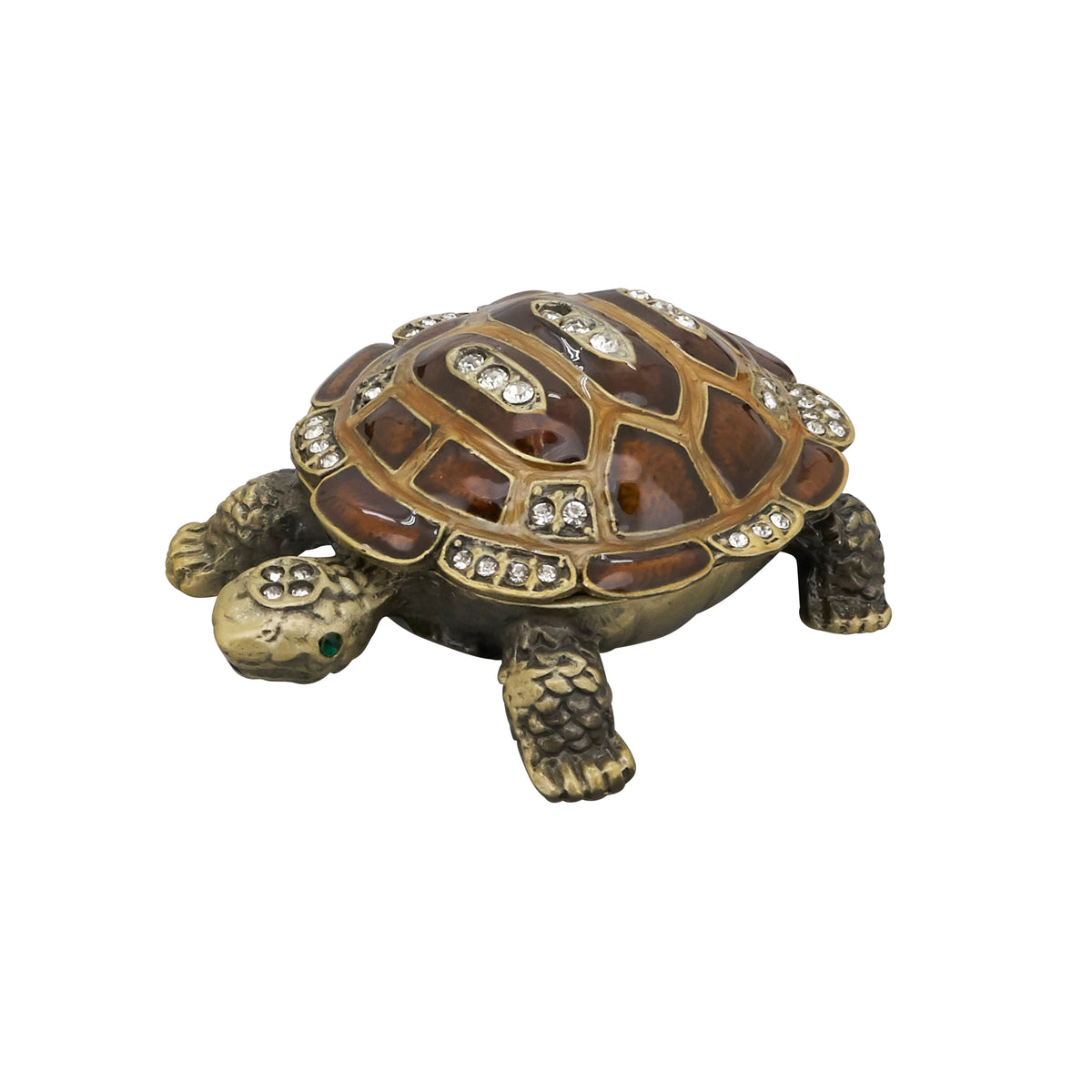Bronze-tone Turtle Hinged Decorative Jeweled and Enameled Trinket Box 3" x 2" x 1.5"