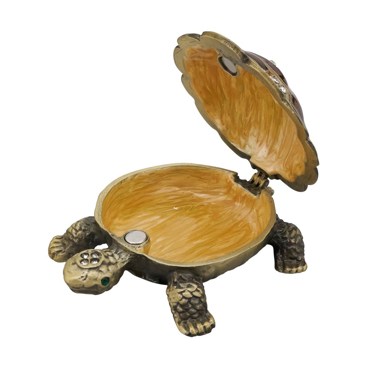 Bronze-tone Turtle Hinged Decorative Jeweled and Enameled Trinket Box 3" x 2" x 1.5"