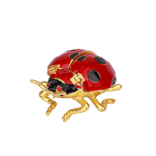 Red Lady Bug Hinged Decorative Jeweled and Enameled Trinket Box 7" x 5" x 4"