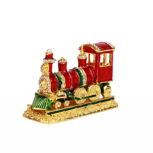 Red Train Hinged Decorative Jeweled and Enameled Trinket Box 8" x 3" x 5"