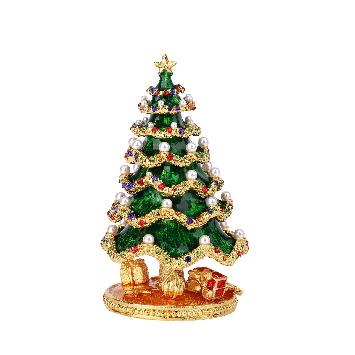 Green Christmas Tree Hinged Decorative Jeweled and Enameled Trinket Box 7" x 7" x 12"