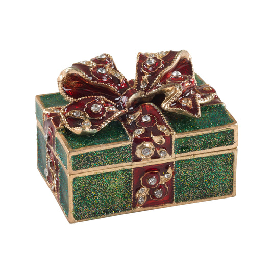 Green Bejeweled Gift Hinged Decorative Jeweled and Enameled Trinket Box w Red Bow 2" x 1.7" x 1.5"