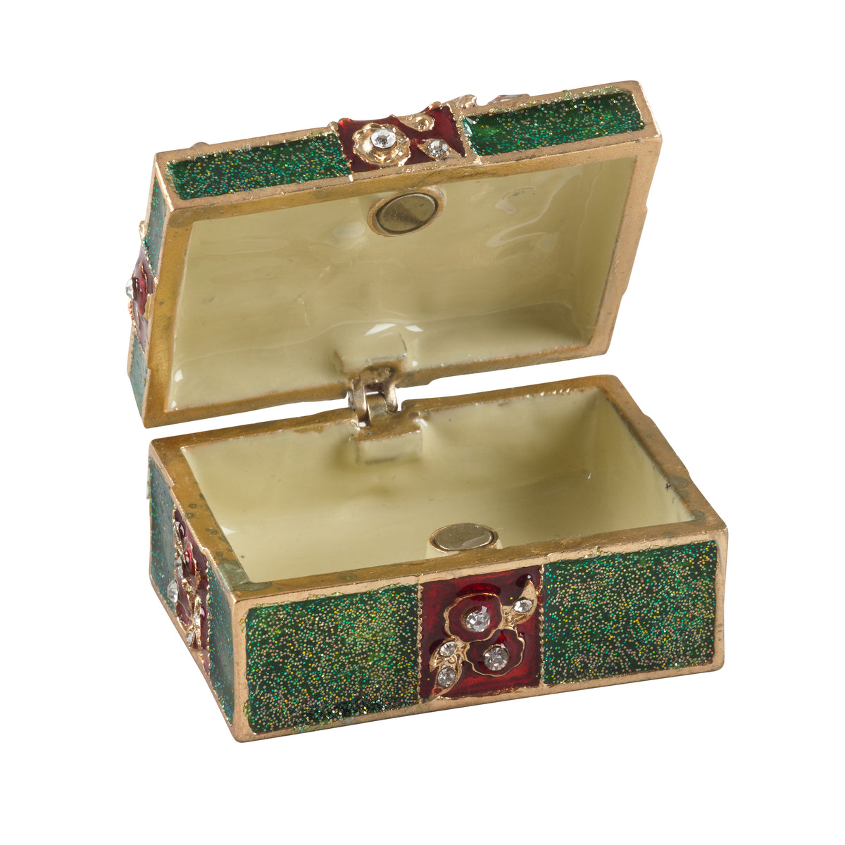 Green Bejeweled Gift Hinged Decorative Jeweled and Enameled Trinket Box w Red Bow 2" x 1.7" x 1.5"
