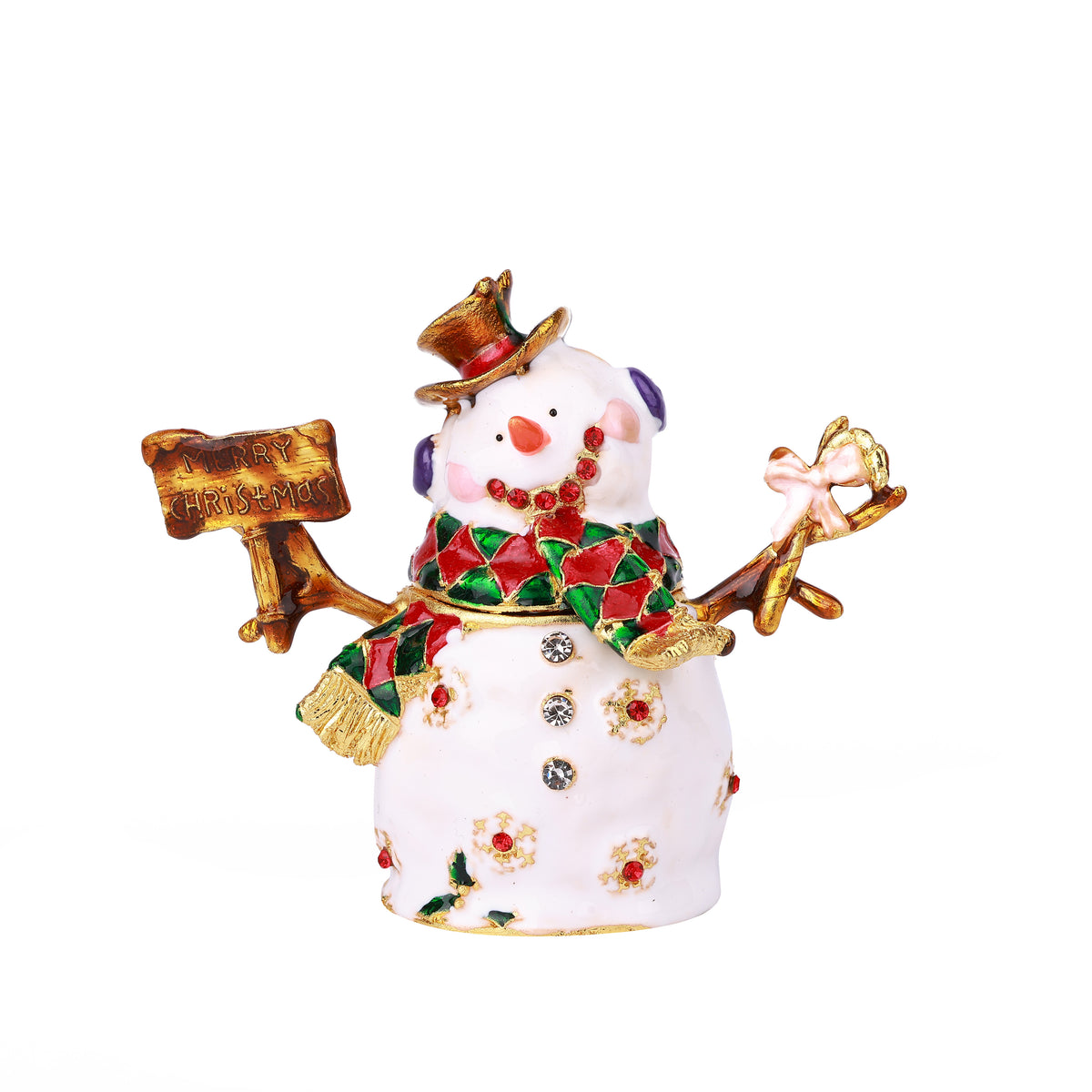 White Snowman Hinged Decorative Jeweled and Enameled Trinket Box 10" x 4" x 8"