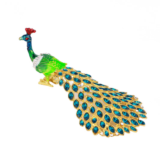 Teal Peacock Hinged Decorative Jeweled and Enameled Trinket Box 4" x 7" x 5"
