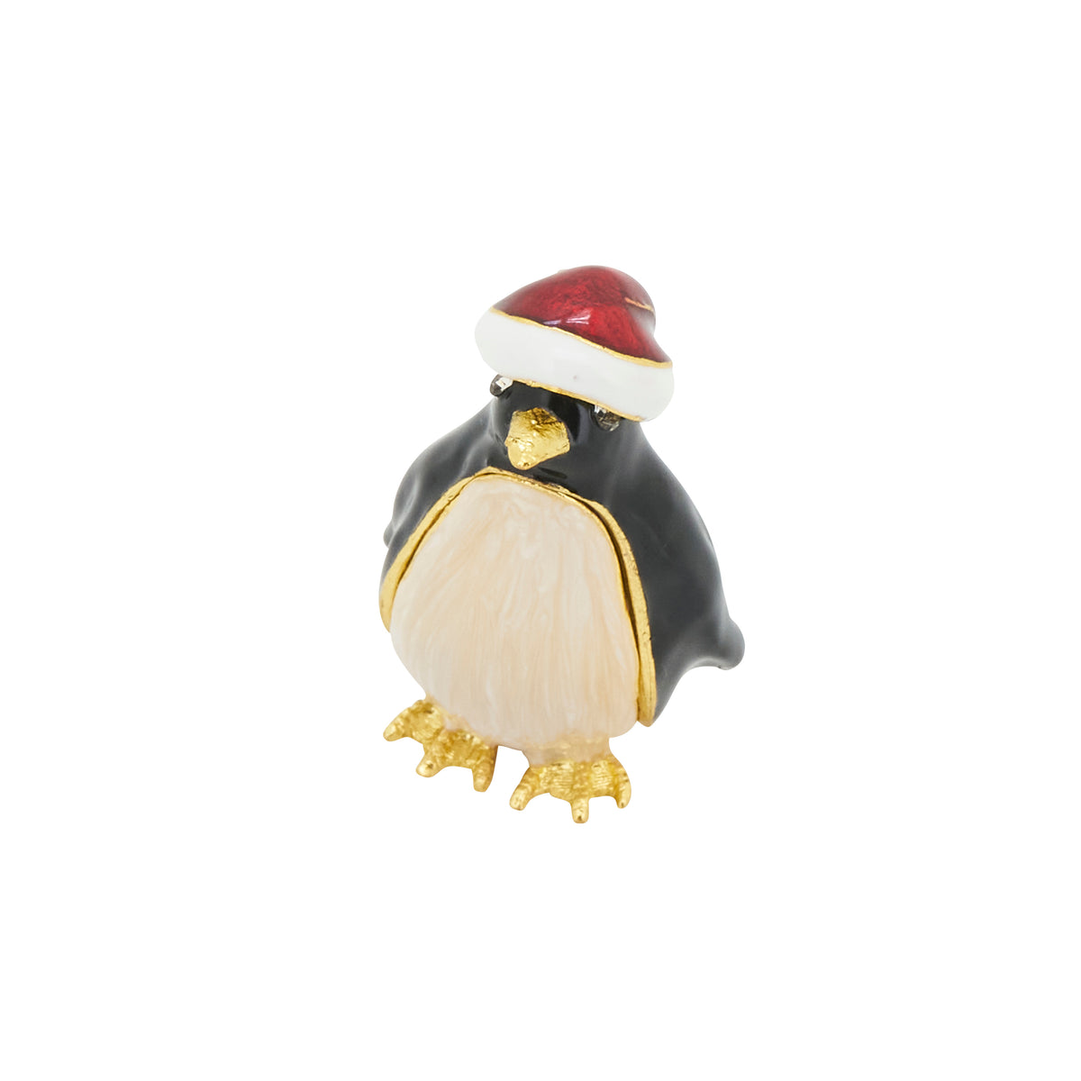 Black and White Penguin w Red Santa Hat, Hinged Decorative Jeweled and Enameled Trinket Box 1" x 1.6"