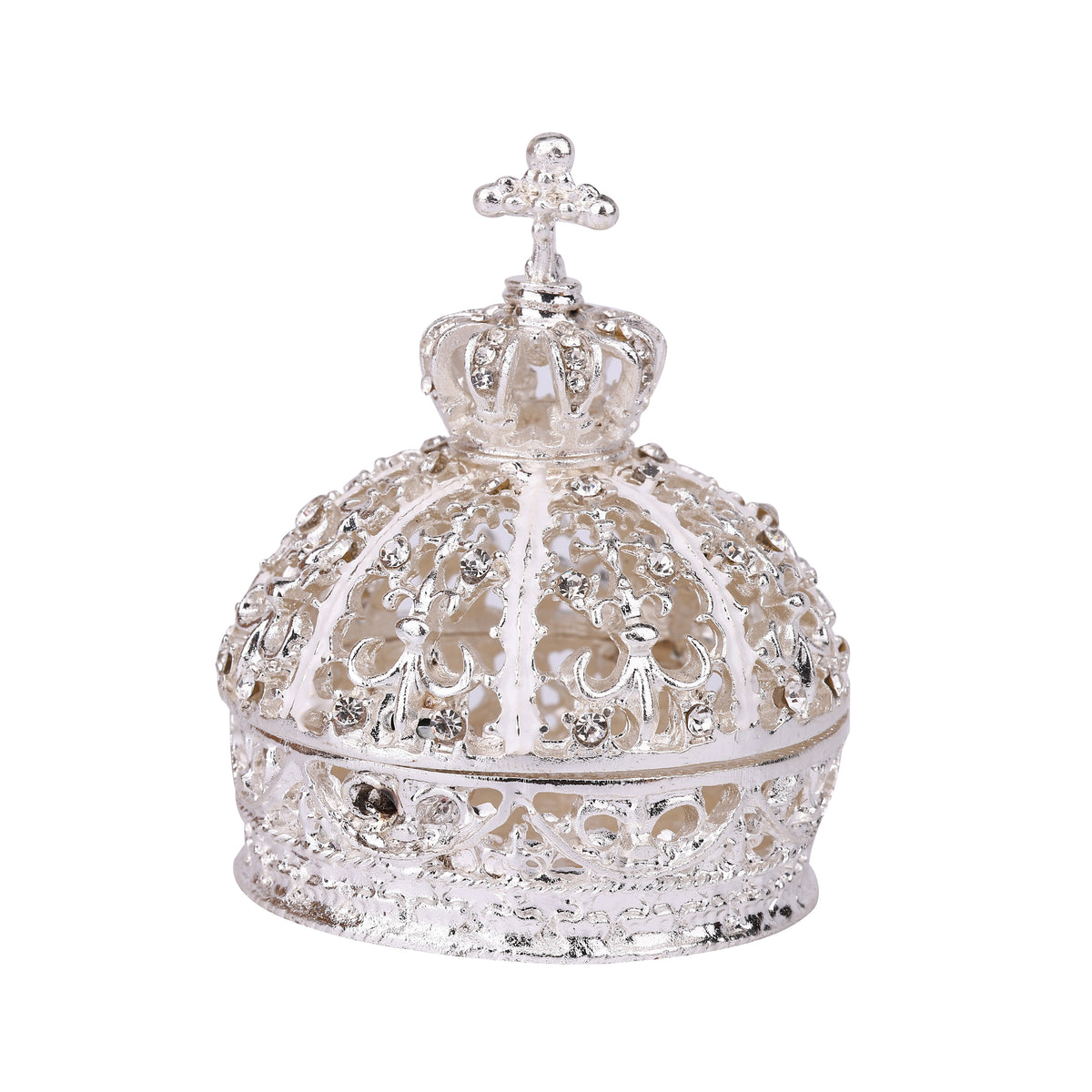 Ivory Color Crown Hinged Decorative Jeweled Trinket Box 6" x 6" x 7"