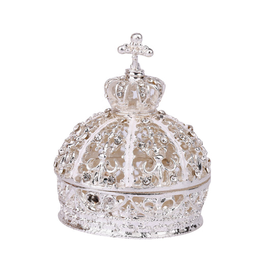 Ivory Color Crown Hinged Decorative Jeweled Trinket Box 6" x 6" x 7"