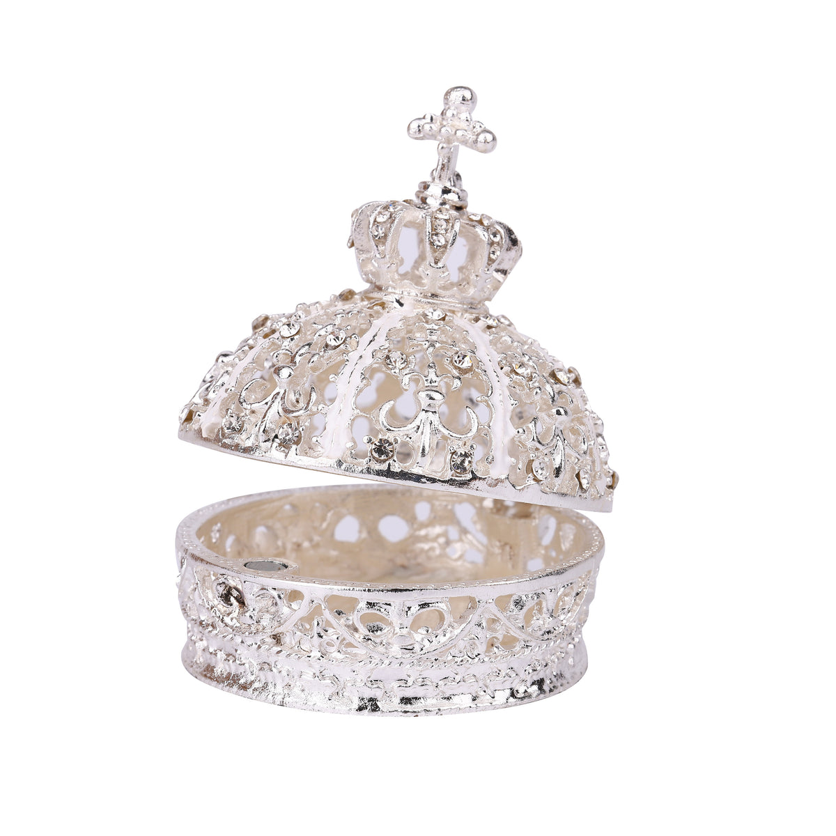 Ivory Color Crown Hinged Decorative Jeweled Trinket Box 6" x 6" x 7"