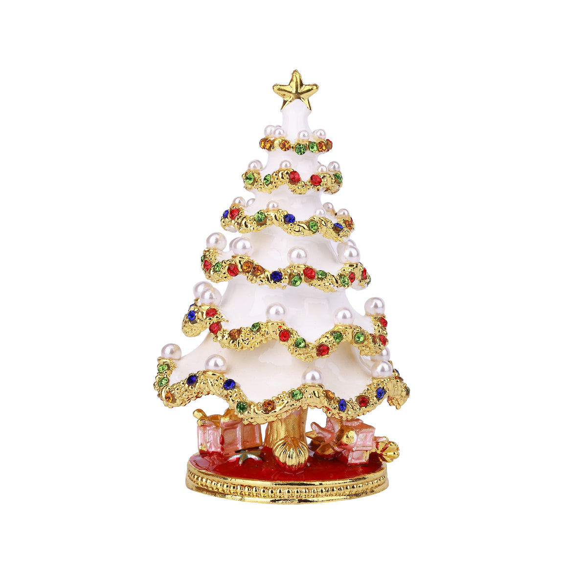 White Christmas Tree Hinged Decorative Jeweled and Enameled Trinket Box 6" x 6" x 10"
