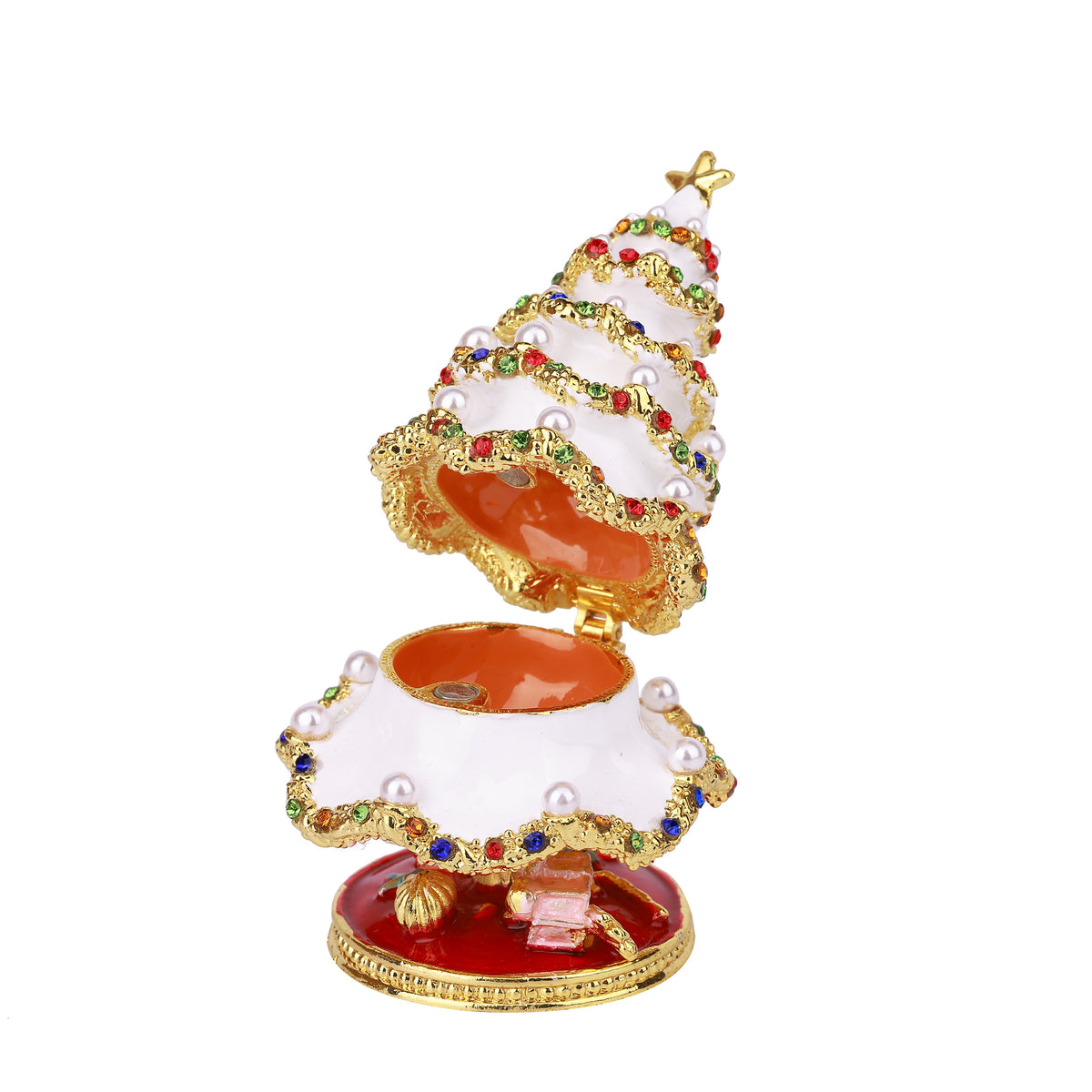 White Christmas Tree Hinged Decorative Jeweled and Enameled Trinket Box 6" x 6" x 10"