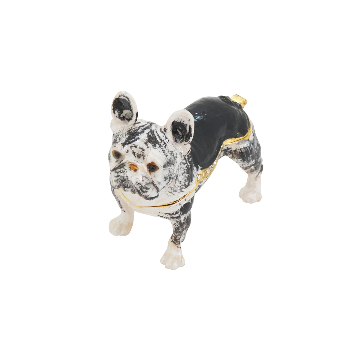 Black French Bull Dog Hinged Decorative Jeweled and Enameled Trinket Box 3" x 2"
