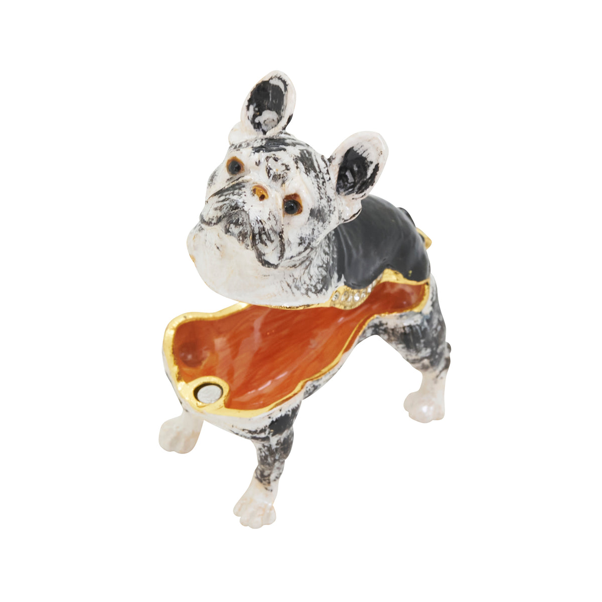 Black French Bull Dog Hinged Decorative Jeweled and Enameled Trinket Box 3" x 2"