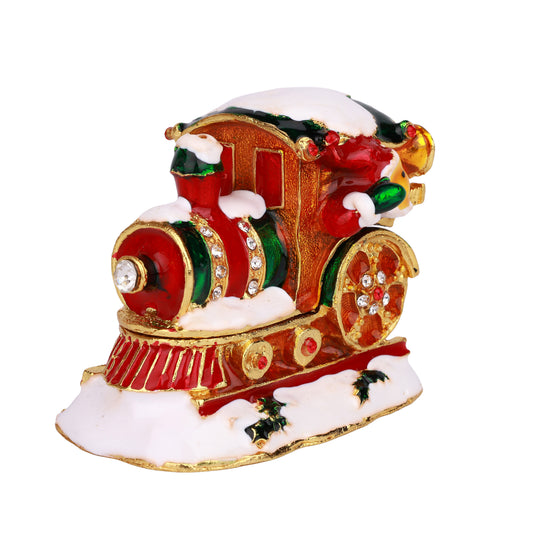 Red Train Hinged Decorative Jeweled and Enameled Trinket Box 6" x 4" x 5"