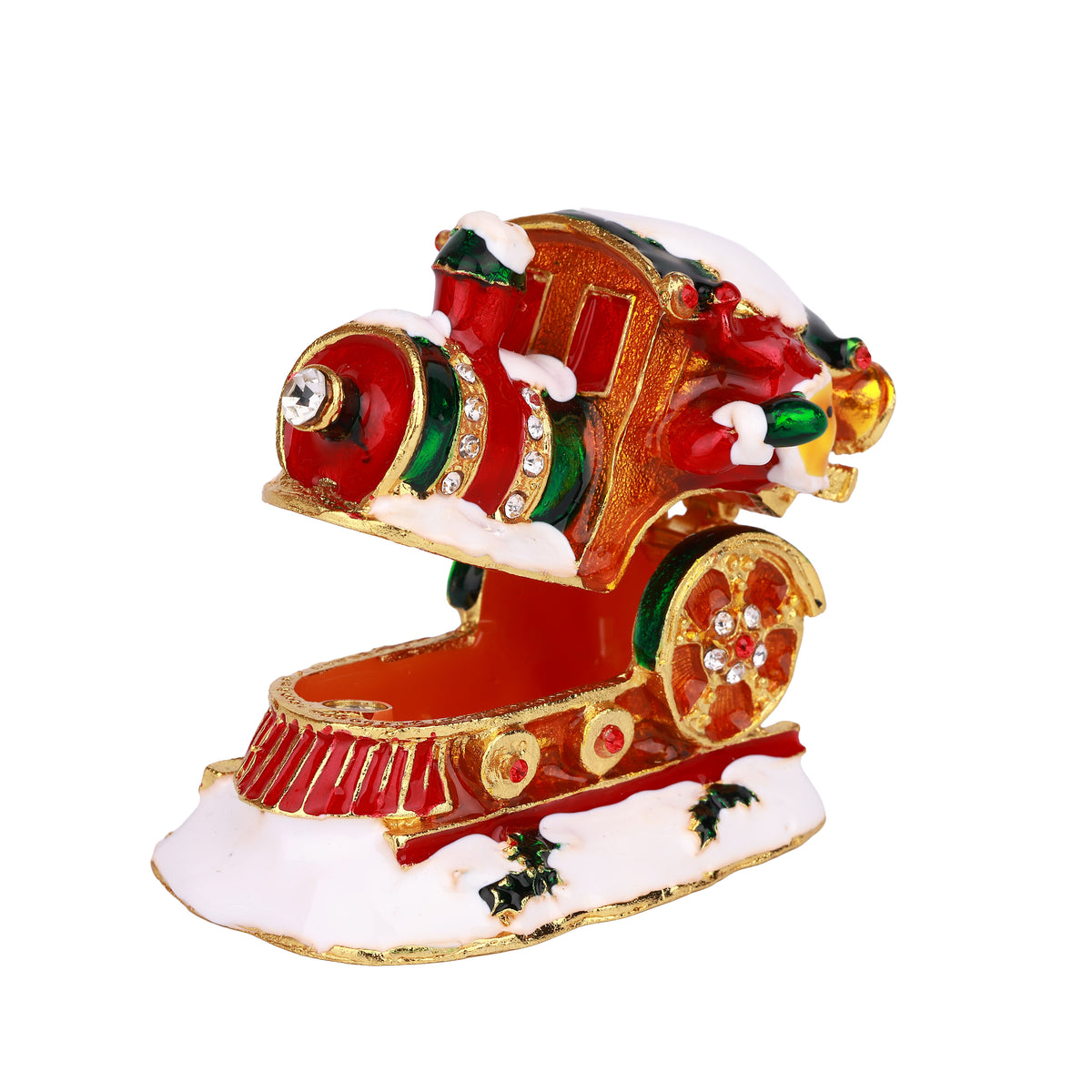 Red Train Hinged Decorative Jeweled and Enameled Trinket Box 6" x 4" x 5"