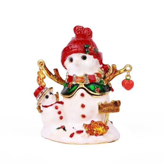 White Snowman with Red Hat Hinged Decorative Jeweled and Enameled Trinket Box 6" x 4" x 8"