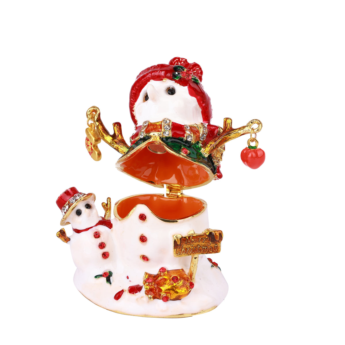 White Snowman with Red Hat Hinged Decorative Jeweled and Enameled Trinket Box 6" x 4" x 8"