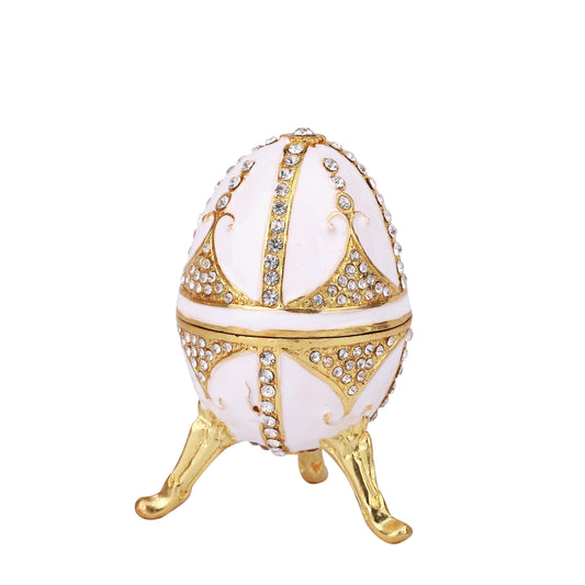 Ivory Color Decorative Jeweled and Enameled Egg Hinged Trinket Box 5" x 5" x 9"