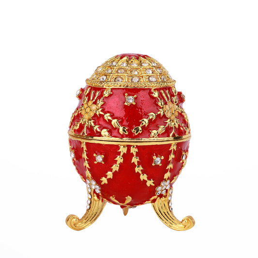 Red Decorative Jeweled and Enameled Egg Hinged Trinket Box 6" x 6" x 9"