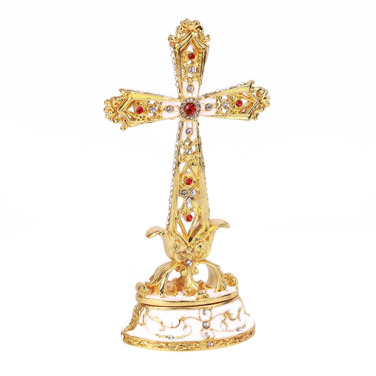 Ivory Color Religious Cross Hinged Decorative Jeweled and Enameled Trinket Box 8" x 6" x 17"