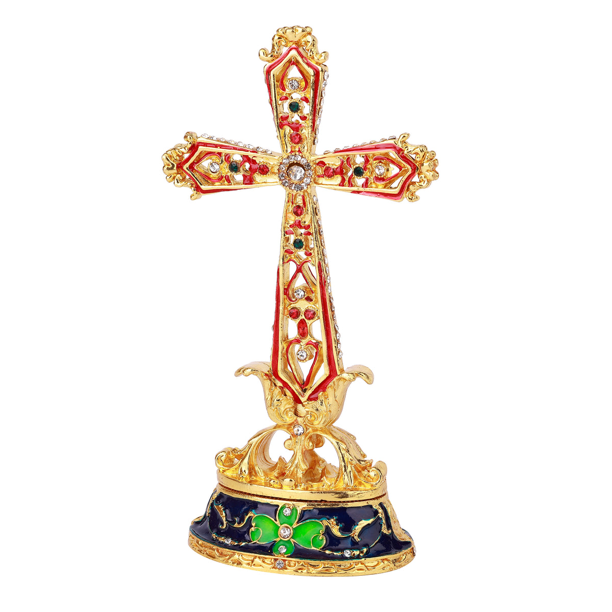 Red Religious Cross Hinged Decorative Jeweled and Enameled Trinket Box 8" x 6" x 17"