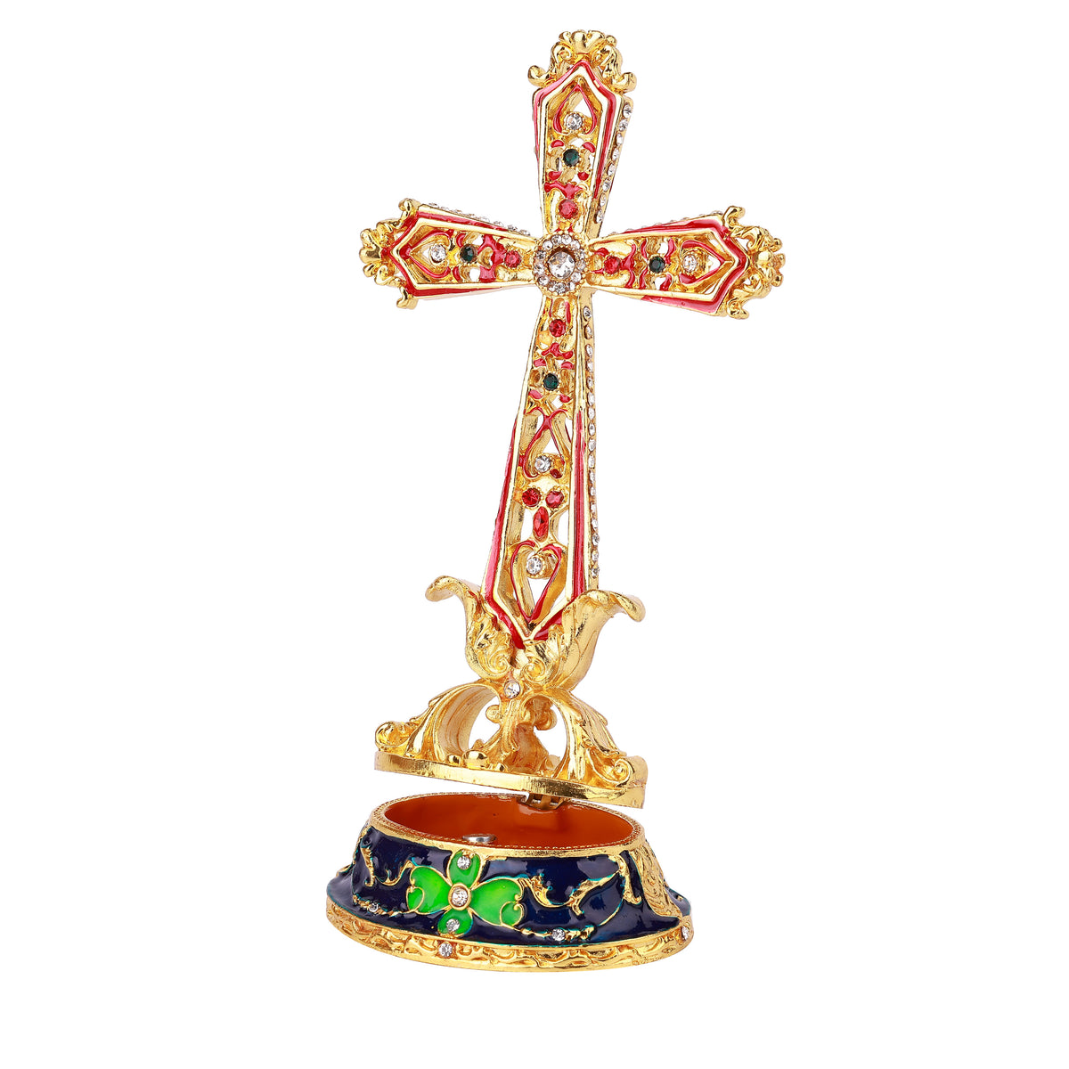 Red Religious Cross Hinged Decorative Jeweled and Enameled Trinket Box 8" x 6" x 17"