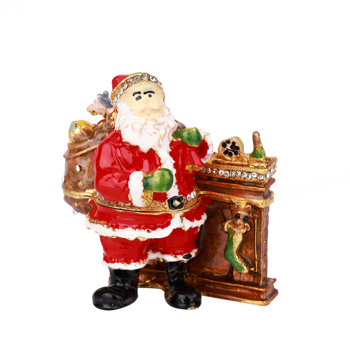 Red Santa Hinged Decorative Jeweled and Enameled Trinket Box 7" x 3" x 3"