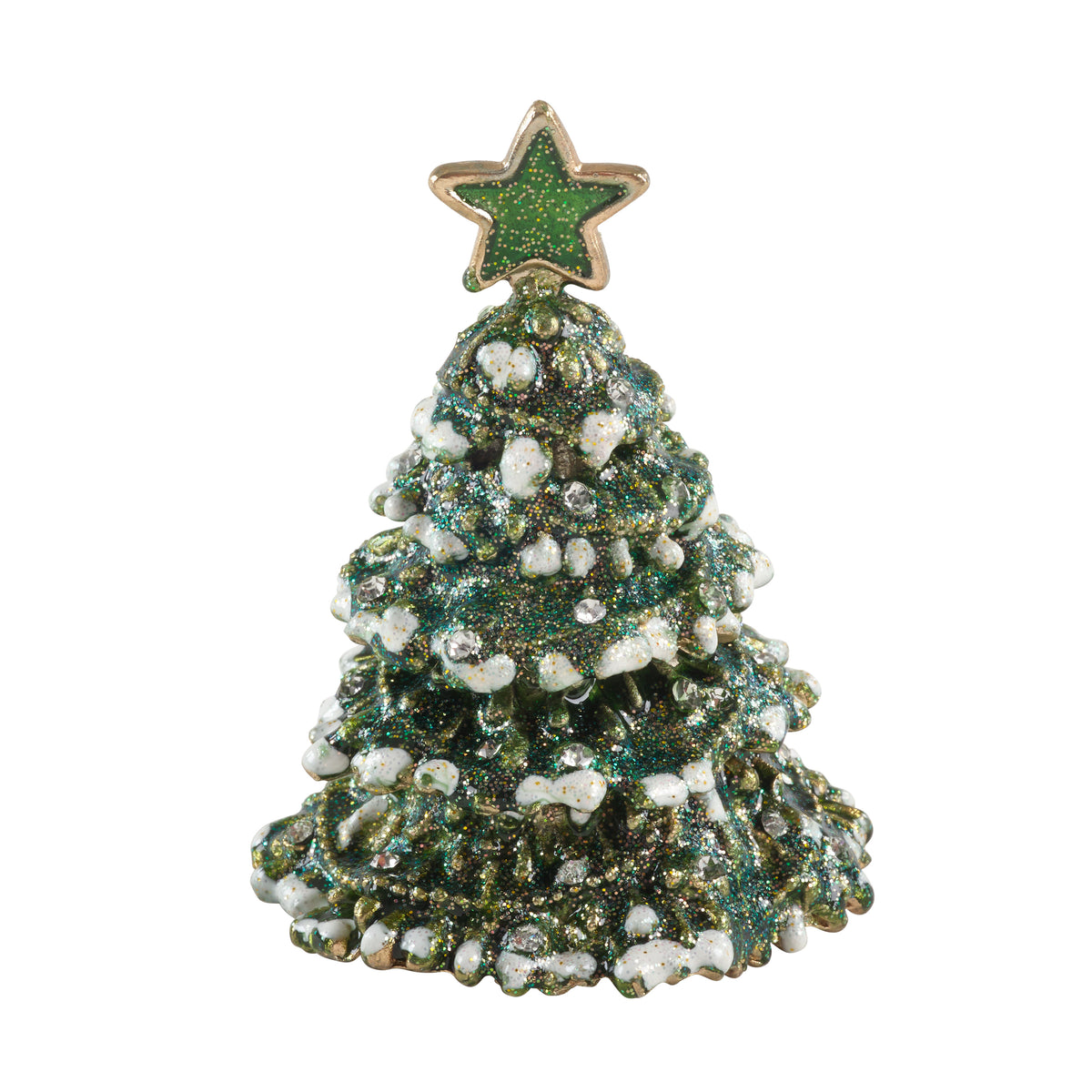Green Christmas Tree Hinged Decorative Jeweled and Enameled Trinket Box 2" x 2" x 3.3"
