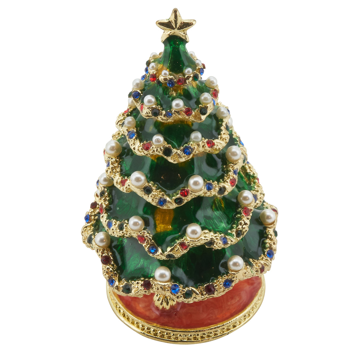 Green Christmas Tree Hinged Decorative Jeweled and Enameled Trinket Box 9.6" x 6.2" x 6.2"