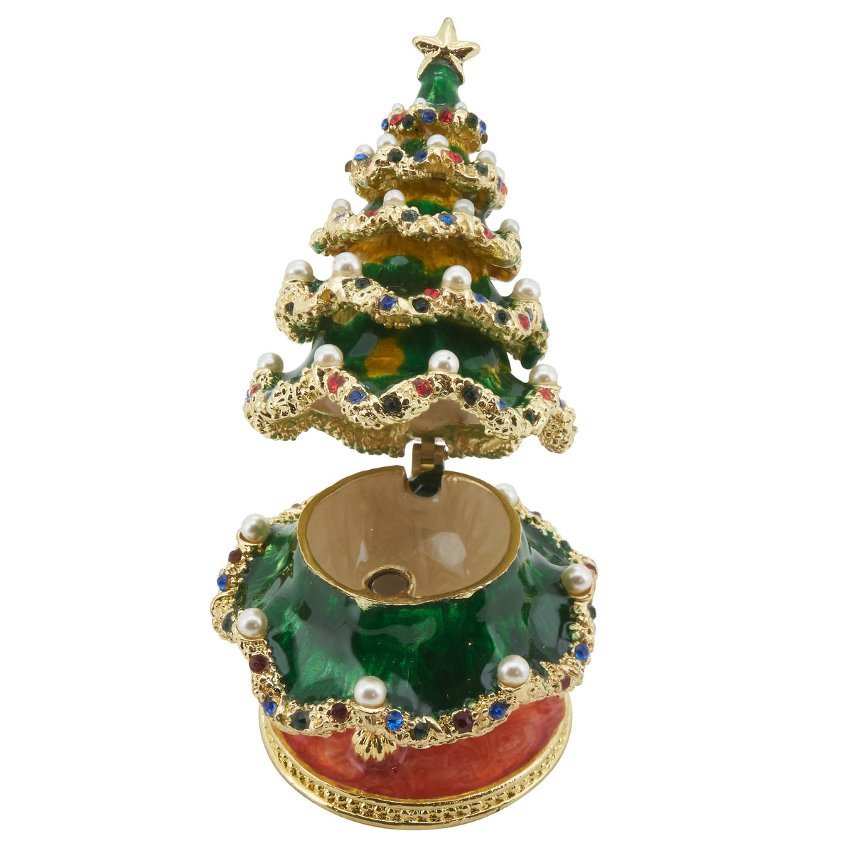 Green Christmas Tree Hinged Decorative Jeweled and Enameled Trinket Box 9.6" x 6.2" x 6.2"