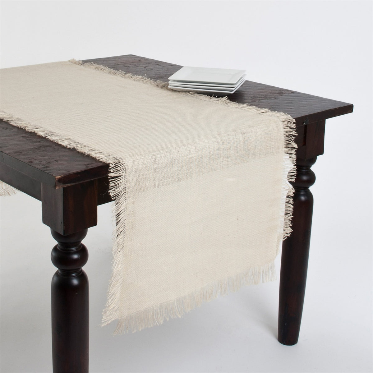 Everyday / All Season Ivory Off-White Fringed Jute Table Runner, 100% Jute Woven