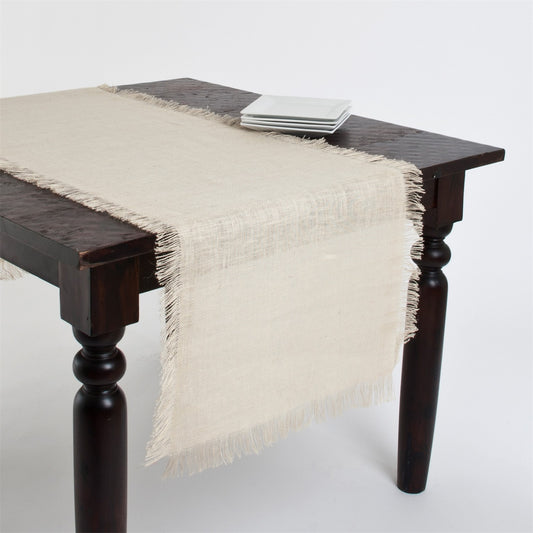 Everyday / All Season Ivory Off-White Fringed Jute Table Runner, 100% Jute Woven