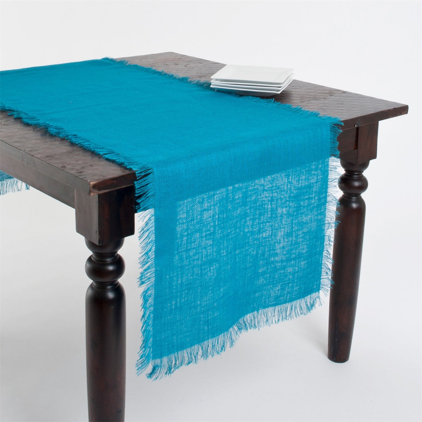 Everyday / All Season Turquoise Blue Fringed Jute Table Runner, 100% Jute Woven