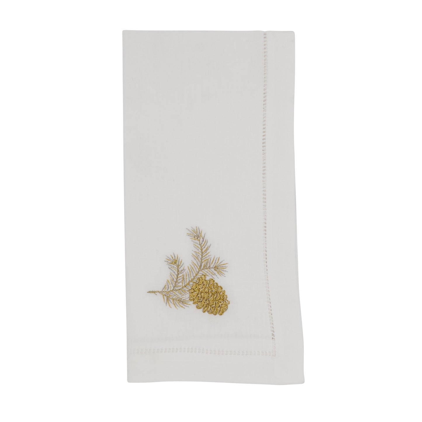 White Embroidered Pine Cone Hemstitch Napkins 100% cotton, 20 Inch Square (6 pcs.)
